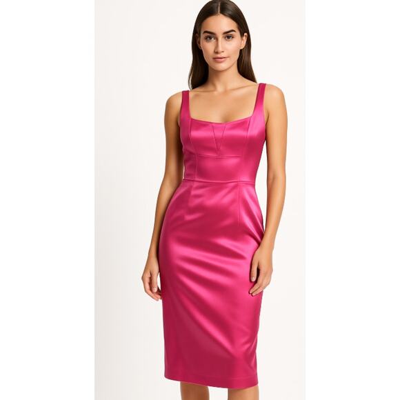 David Meister Satin Cocktail Sheath Midi Dress Pink Size 4 - Picture 1 of 8
